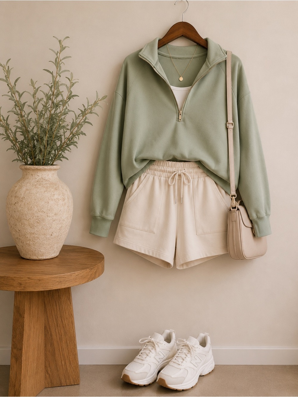 Neutral Cream Elastic-Waist Athletic Shorts